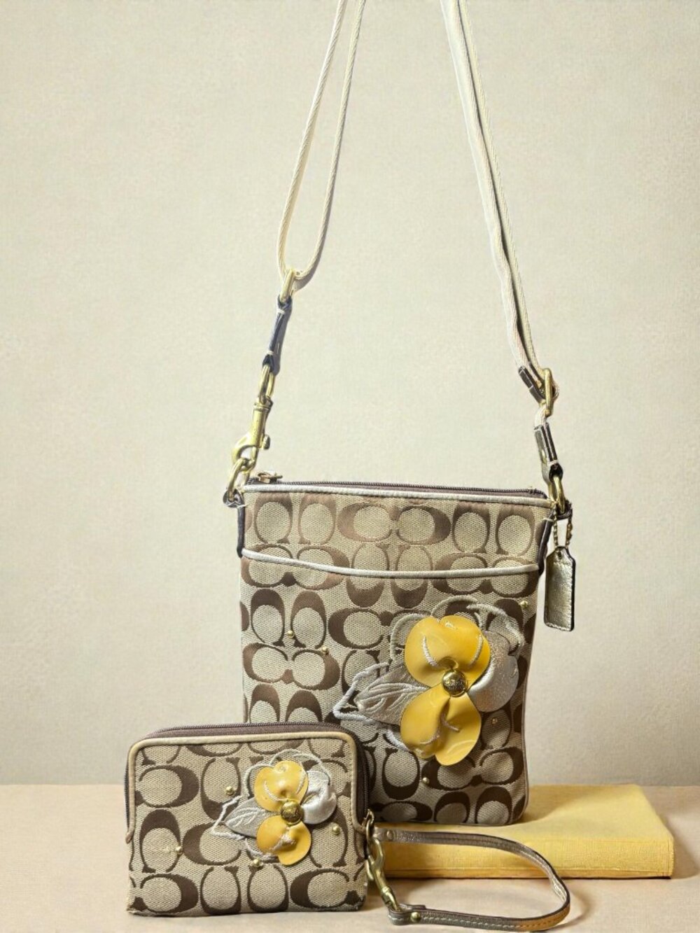 Coach 2 Piece set Beige Signature Crossbody & Wristlet with Yellow Flower